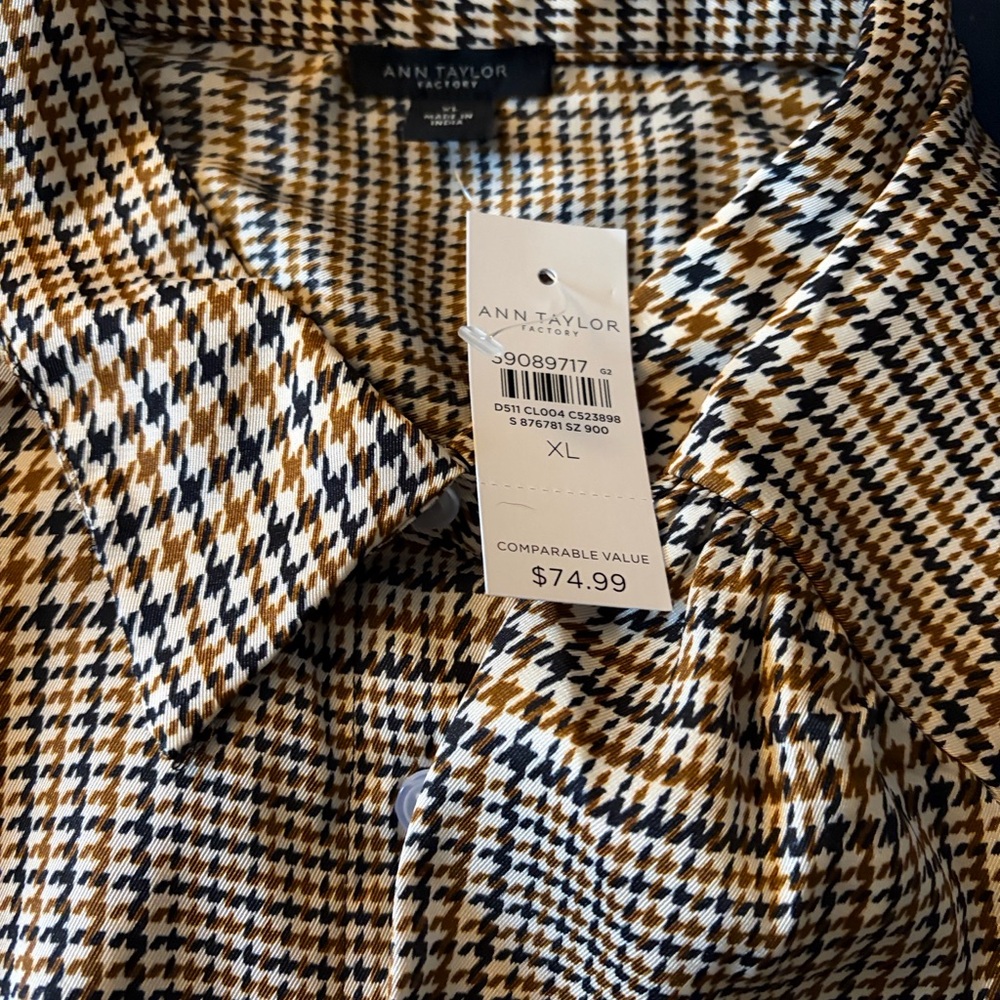 Ann Taylor Houndstooth Shirt in Black, White, and Tan